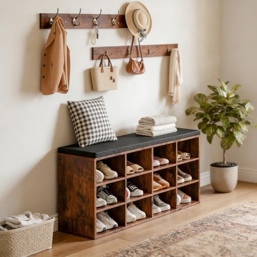HOOBRO Shoe Storage Bench with Cushion, 39.4" L Entryway Bench with 12 Cubbies, Entryway Hall Tree with Storage, Shoe Cabinet with Coat Rack for Bedroom, Hallway, Holds up to 330 lb, BF112HX01G1 - Image 2