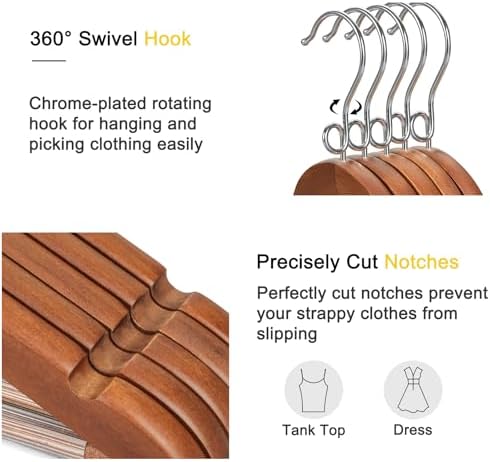TOPIA HANGER Wooden Hangers 30 Pack, Space Saving Coat Hanger with 360° Swivel Cascading Loop Hook, Non Slip Pants Bar and Shoulder Notches for Camisole, Jacket, Suit (Walnut) -CT74WA30 - Image 4