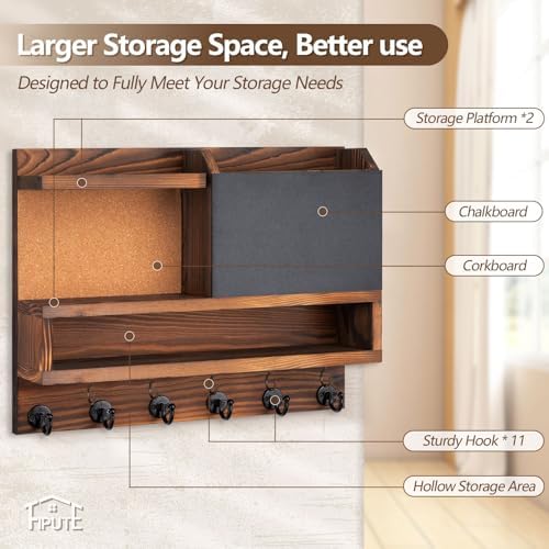 Key Holder for Wall Mount with Mail Organizer, Farmhouse Key Holder for Wall with Shelf, Chalkboard&Corkboard, Entryway Organizer 11 Metal Hooks, Decorative Natural Pine Wood, 14.6*11.1*3.3”, A-Brown - Image 6