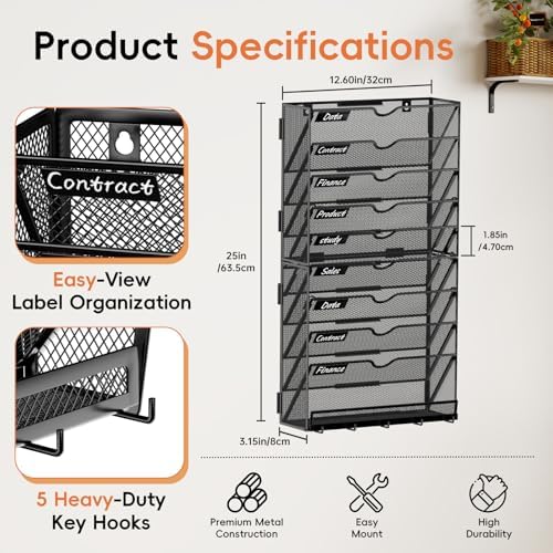 10-Tier Wall File Organizer with Hook, Hanging File Organizer Black - Image 2