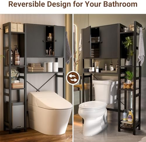 Over The Toilet Storage Cabinet with Doors - 7 Tier Bathroom Organizer with Adjustable Shelf, Freestanding Space Saver Rack Above Toilet Stand with 4 Hooks for Bathroom, Restroom, Laundry, Black - Image 5