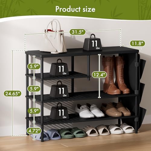 Bamboo Shoe Rack, 4 Tiers Shoe Organizer for Closet, Shoes Storage for 20-24 Pairs, Freestanding Shoe Shelf with Removable Pocket for Entryway Bedroom Front Door Dorm, Black - Image 2