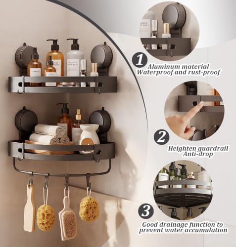 Suction Cup Shower Caddy(2-Pack Gray),Single 1.77 Inches High No-Drilling Aluminum Bathroom Organizer with Towel Bar & Hooks,Moder wall Shower Shelf and Storage Decor - Image 7