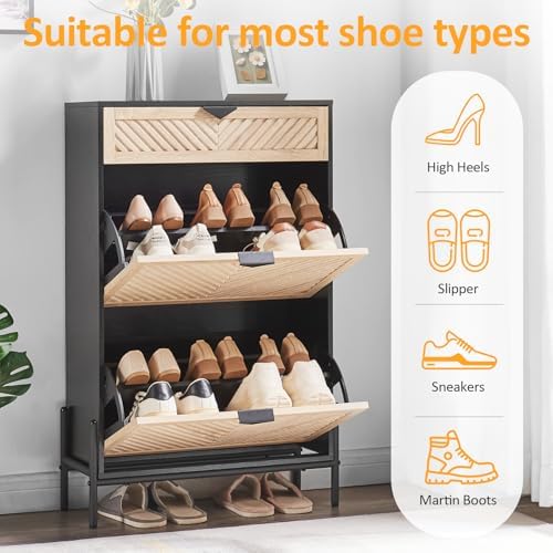 Shoe Cabinet with 2 Flip Drawers, Narrow Entryway Rack, Oak&Black - Image 3
