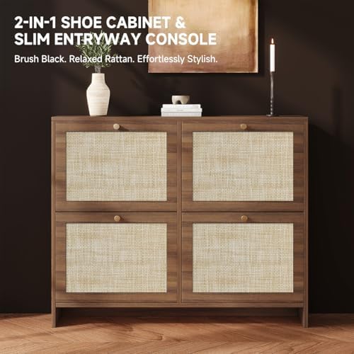 Nicetree Shoe Cabinet Storage for Entryway, 4-Flip Drawer Narrow Shoe Rack with Adjustable Shelves, Boho Modern Square Rattan Shoe Organizer, Slim Wood Storage Cabinets for Small Spaces Fits Size 13.5 - Image 3