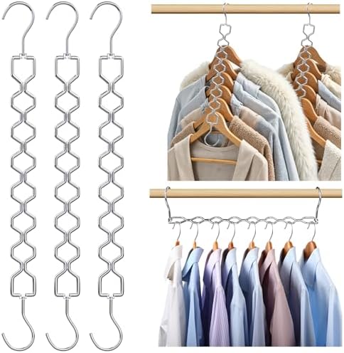 Space Saving Hangers for Clothes 3 Pack, Sturdy Metal Hangers Heavy Duty | Magic Clothes Space Saver Hanger Organizer with 360° Swivel Hook, Closet Organizers and Storage Dorm Room Essentials Silver by Besslly