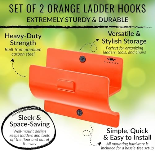 Ladder Hangers for Garage Wall Set of 2 - Orange Hooks for Shed & Garden - Image 2