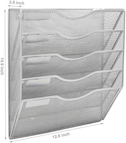 EASEPRES 5 Pocket Mesh Hanging Wall File Organizer, Wall Mounted Mail Paper Document Folder Holder, Clipboard Storage Organization Magazine Rack with Nametag Label for Office Home School, Silver - Image 2