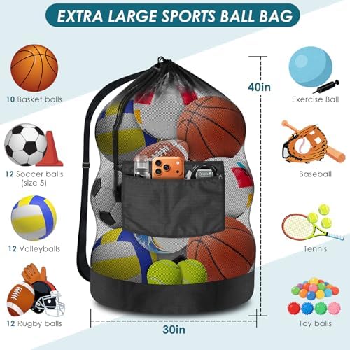 BROTOU Extra Large Soccer Ball Net Bag, 40" x 30" Drawstring Mesh Ball Bag - Image 2