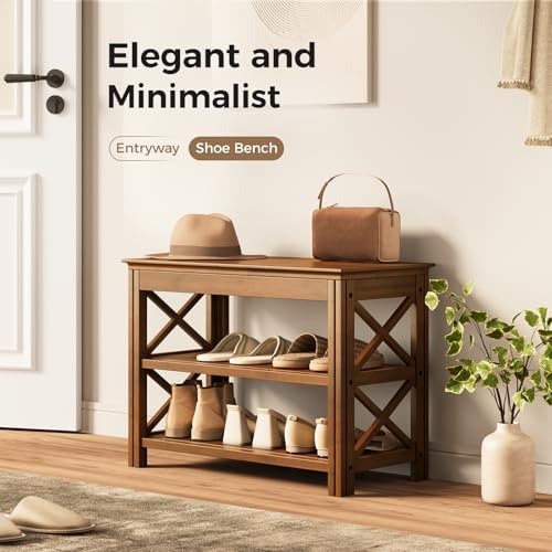 Bamworld Shoe Rack Bench with Storage 3 Tier Bamboo Shoe Bench Entryway Rustic Entryway Bench (X-Brown, 23.6 Inch - Image 3