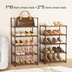 Tall 10 Tier Shoe Rack - 20-24 Pair Storage, Sturdy Metal Shoe Organizer with Hooks for Closet, Entryway, Brown - Image 4