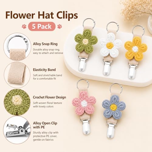 Flower Hat Clips for Travel on Bag, 5 Pcs Elastic Hat Holder for Beach Vacation, Hat Carrier Clips for Purse, Tote, Backpack and Luggage,White, Pink, Green, Yellow, Blue - Image 5