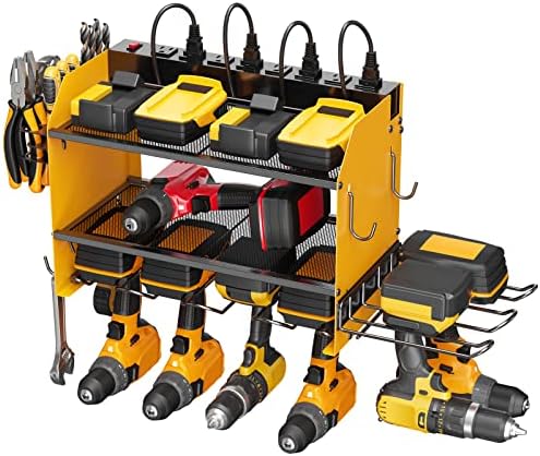 CCCEI Modular Power Tool Organizer Wall Mount Charging Station, Yellow 6 Drills Holder with 8 Plug Power Strip, Garage Drill Battery Heavy Duty Metal Shelf, Utility Rack with Hooks, Side Storage. by CCCEI
