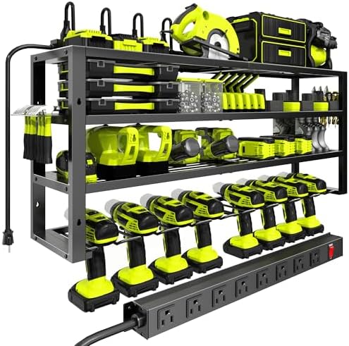 Large Power Tool Organizer Wall Mount with Charging Station, 8 Outlet Power Strip, 4 Layers 8 Drill Holder Heavy Duty Metal Tool Storage Loads 420lbs with Screwdriver Holder, Utility Racks for Garage by CFMASTER