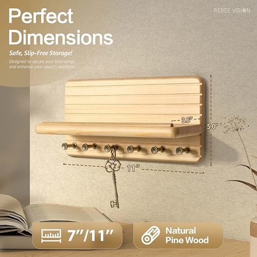 Rebee Vision Key Holder Wall Mount with Shelf for Entryway, Natural Wood - Image 2