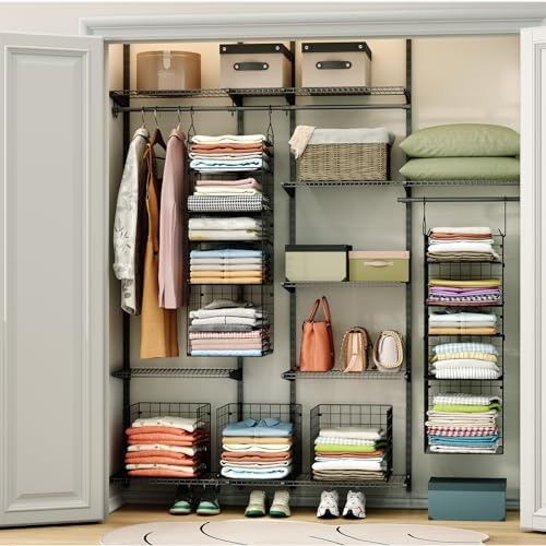 X-cosrack Hanging Closet Organizer and Storage - 5-Tier Closet Storage Organizer Baskets for Clothes & Adjustable Collapsible Metal Closet Hanging Organizer Shelves for Sweaters Shoes Handbags - Image 5