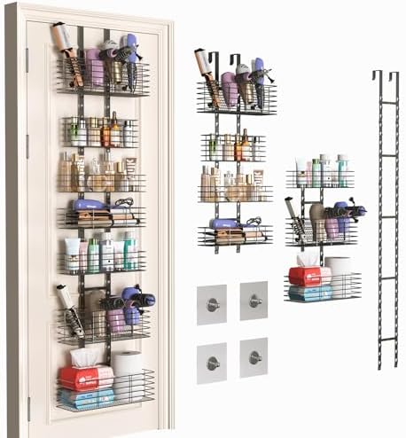 Yuyetuyo 7-Tier Over The Door Organizer, Shower Caddy Hanging &Wall Mounted Hair Tool Organizer/Hair Dryer Holder Adjustable, Behind Door Storage for Bathroom Bedroom Closet Cabinet Pantry Kitchen by Yuyetuyo