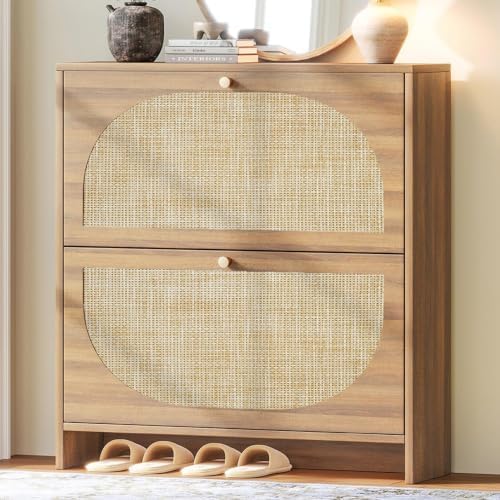 Nicetree Rattan Arched Accent Shoe Storage Cabinet - Freestanding Ultra Slim for Entryway, 2 Flip Drawers & 3-Tier Adjustable Shelves, Farmhouse Modern Rustic Shoe Rack for Hallway, Foyer, Living Room by Nicetree