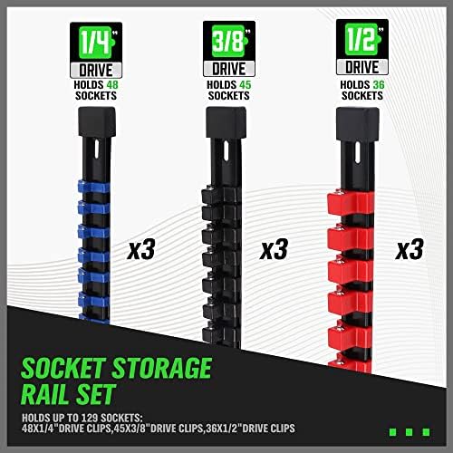SWANLAKE 9-Piece Premium Socket Holder Organizer Set, 1/4-Inch x 48 Clips, 3/8-Inch x 45 Clips, 1/2-Inch x 36 Clips, Premium Quality Socket Clip Rail Holder - Image 2