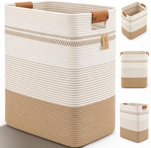 Laundry Hamper, Cotton Rope Laundry Basket with Leather Handles, 25.1-Gallon/95 L Large Clothes Hampers for Laundry, Woven Laundry Baskets for Blankets, Clothing, Bedroom, Living Room, Nursery by ARATECHOME