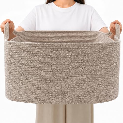 96L Woven Laundry Basket with Handles, Extra Blanket Basket,Brown by HZFTJOY