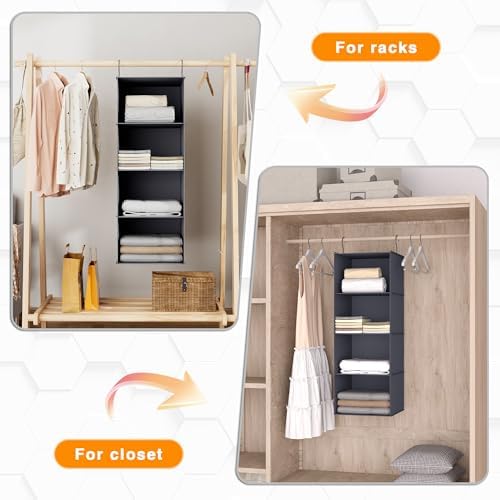Hanging Closet Organizer 4-Shelf, Oxford Fabric Wardrobe Storage, Dark Grey | Easy-mount foldable design holds clothes, handbags, shoes & accessories; washable Oxford fabric, sturdy and space-saving. - Image 5