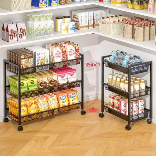 3IngSeagulls 3-Tier Expandable Rolling Pantry Floor Organizer, Stackable Pantry Storage Cart with Wheels, Kitchen Fruit and Vegetable Storage Rack for Onion, Potato, Food, Snacks - Image 4