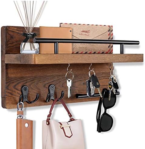 OurWarm Wall Mounted Key Holder/Hangers for Wall Decorative with 5 Key Hooks, Wooden Mail Rack Organizer with Shelf, Rustic Home Decor for Entryway Mudroom Hallway Office, Brown by OurWarm