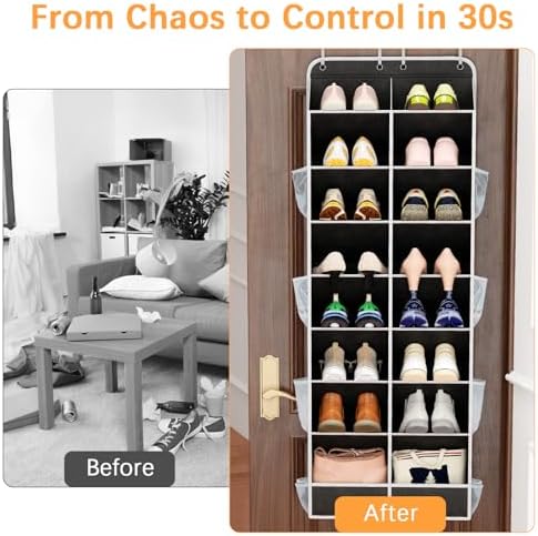 Yecaye 16-24 Pairs Over the Door Shoe Organizer, Large Capacity Hanging Shoe Rack for Door Hanger with Deep Pockets, 8 Tier Shoe Holder for Sneakers Boots Heels College Dorm Essentials, Black - Image 3