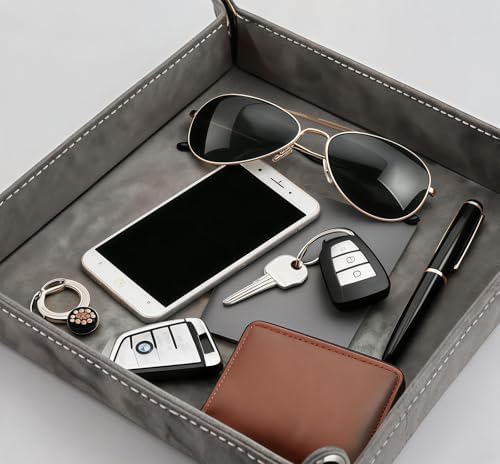 Valet Tray Desktop Storage Organizer – Vegan Leather Catchall Bedside Vanity Tray Nightstand Caddy Holder for Remote Controller, Watch, Keys, Phone, Wallet, Coin, Jewelry, Stone Gray - Image 6