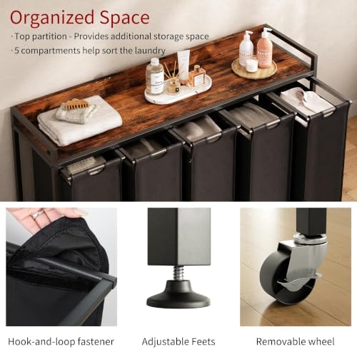 Herture Laundry Hamper with Shelf, Laundry Basket 5 Section, Laundry Sorter with Pull-Out Removable Large Bags and Movable Wheels, Metal Frame, 5 x 15.87 Gallons (60L), Rustic Brown + Black PF08XLY - Image 3