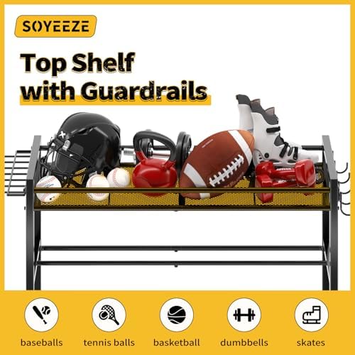 SOYEEZE Sports Equipment Organizer- Ball Storage for Garage,4 Tiers Outdoor Toy Storage,Soccer Racks,Basketball Shooting Training Stand Cart with Wheels and Hooks for Home-School and Gym Use - Image 4