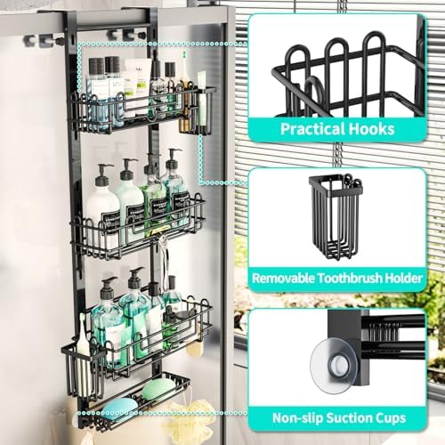 HapiRm Over the Door Shower Caddy - 4-Tier Hanging Shower Organizer with 22 Hooks and 2 Toothbrush Holders, No Drilling Adjustable Hanging Shelves for Bathroom - Black - Image 3