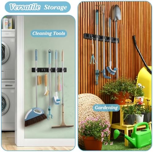 Black Broom Holder Wall Mount - Heavy Duty Wood Mop and Broom Organizer with 5 Slots & 4 Hooks - Sturdy Garden Tool Hanger for Laundry Room Closet Kitchen Garage Storage and Organization - Image 5