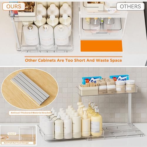 Yieach 2 Pack 14.5″ Deep Pull Out Under Sink Organizer,10.8″ High 2 Tier Slide Out Cabinet Organizer for Kitchen Cabinet,Undersink Organizers,Under Sink Shelves,Bathroom Organizers and Storage,Clear - Image 6