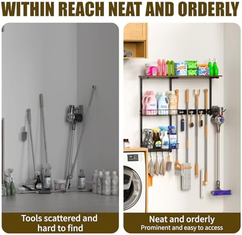 Broom Holder Wall Mount，With A Storage Basket Cleaning Tool Storage Rack - Image 6