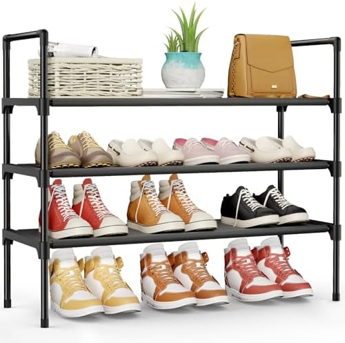 Kitsure Shoe Rack for Closet, Shoe Organizer, 27.6" Wide - 3 Tier, Black | Shoe Storage for Closet, Entryway, Space-Saving Shoe Shelf with Side Handle, Closet Organizer by Kitsure