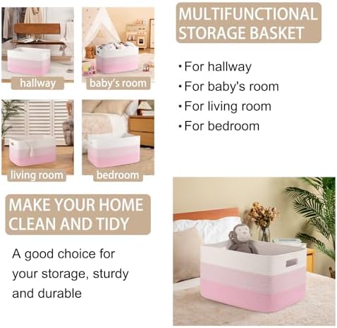 OIAHOMY Blanket Basket Laundry Basket Dog Toy Basket 75L Pink/White - Image 4