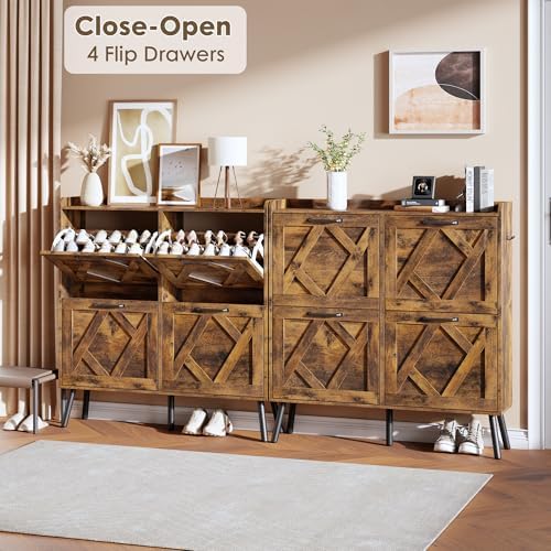 Nicetree Shoe Cabinet Storage for Entryway, Freestanding Shoe Storage Cabinet, Farmhouse Narrow Shoe Rack Cabinet for Entryway, Foyer, Hallway, Shoe Cabinet 4 Flip Drawers - Image 3