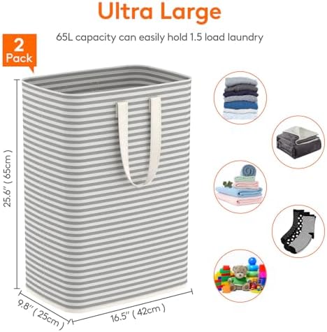 Lifewit 2 Pack Laundry Basket 65L Each, Collapsible Clothes Hamper with Reinforced Handles, Freestanding Waterproof Design for Bedroom and Laundry Room, Grey 130L Total - Image 3