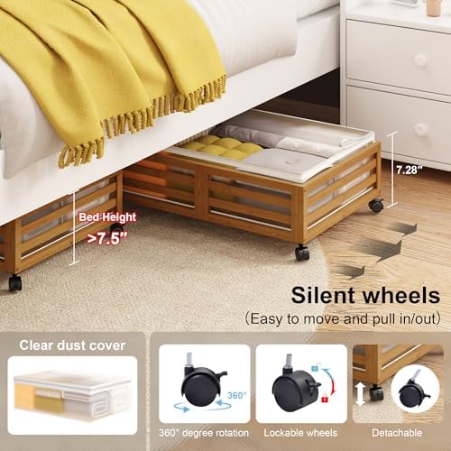 Under Bed Storage with Wheels, 2 Pack Bamboo Drawers for Shoes and Clothes - Image 3