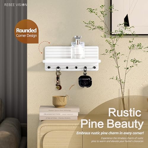 Rebee Vision Pine Key Holder Wall Mount with 6 Hooks for Room Decor, White - Image 2