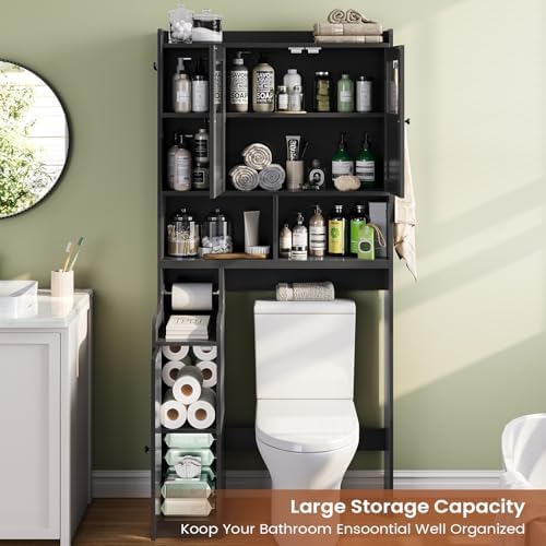 Itaar Over The Toilet Storage Cabinet, Over Toilet Bathroom Organizer with Glass Doors & Toilet Paper Holder Stand, Home Space-Saving Toilet Rack, for Bathroom, Restroom, Laundry(Black) - Image 3