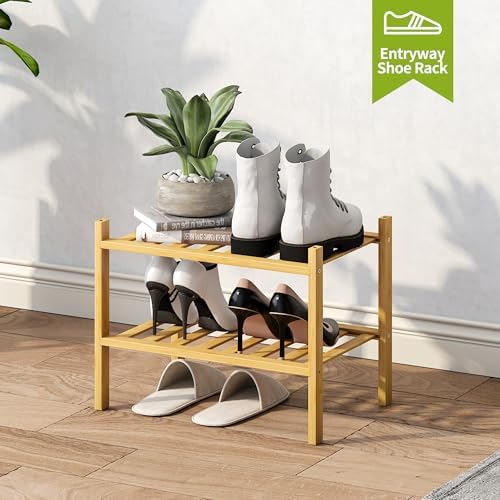 BMOSU 2-Tier Bamboo Small Shoe Rack Premium Stackable Shoe Shelf Storage Organizer for Hallway Closet Living Room Entryway Organizer (Natural Bamboo) - Image 5