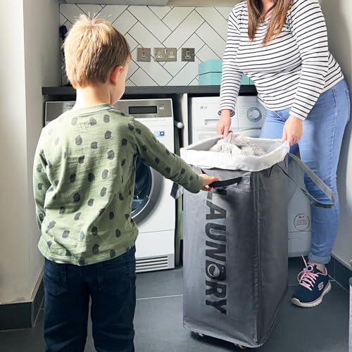 CHICVITA 75L Large Rolling Laundry Basket with Wheels & Wash Bag, Grey - Image 7
