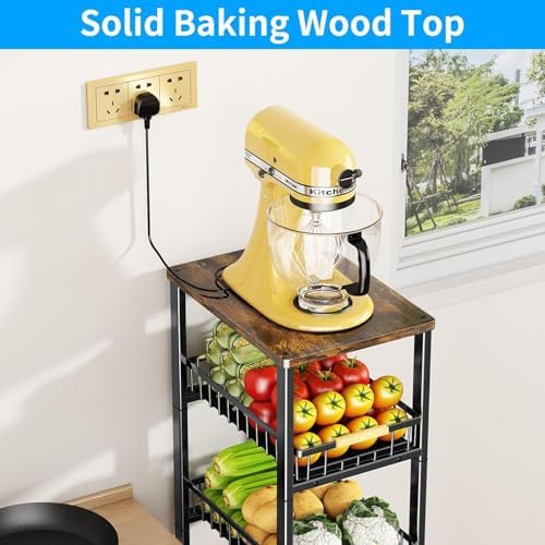 Fruit Vegetable Storage Basket for Kitchen, 4 Tier Large Pull-Out Metal Wire Baskets with 3 Pack Mats Bottom, Wood Top and Wheels, Vegetable Produce Bins Stand Cart Rack for Onions and Potatoes - Image 4