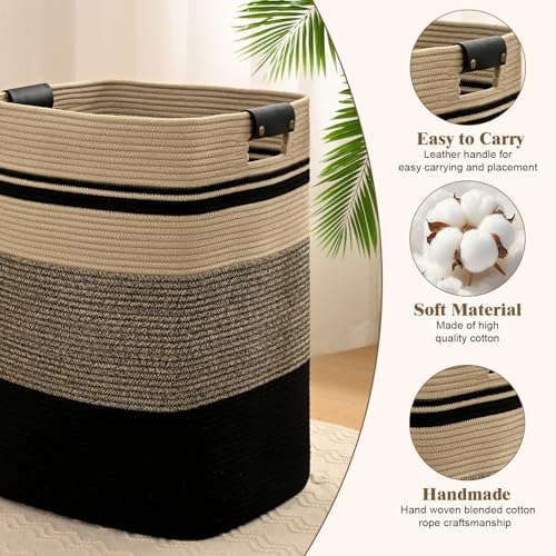 Laundry Hamper, 85L Tall Laundry Basket with Leather Handles, Rectangle Large Clothes Hamper for Organizing, Cotton Woven Laundry Baskets Storage Hampers for Bedroom, Nursery, Living Room - Image 5