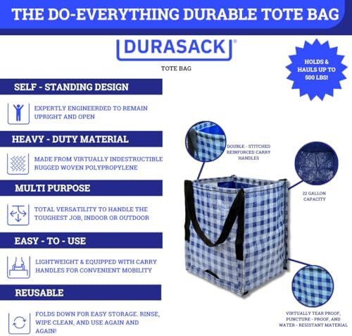 DURASACK Heavy Duty Storage Tote Bag 22-Gallon, Gingham Blue, Pack of 4 - Image 3