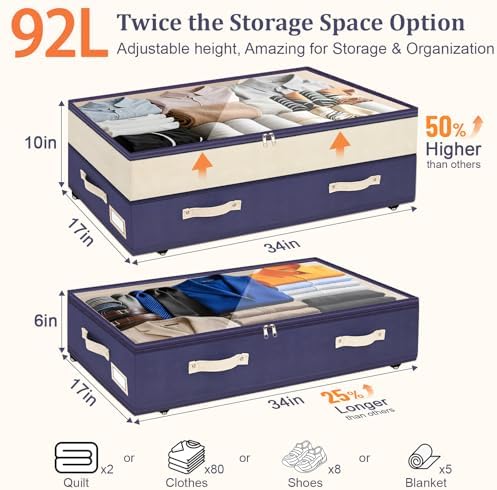 Dolicer 2 Pack Under Bed Storage with Wheels, 6in-10in Height Adjustable Underbed Storage Containers, 92L XXXL Under Bed Drawers Rolling Bin with Clear Lids for Dorm Shoes Clothes Organizers(Blue) - Image 3