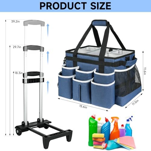 Large Rolling Cleaning Caddy Bag with Detachable Trolley,Cleaning Cart on Wheels with Shoulder Strap,Cleaning Supplies Organizer for Housekeepers,Blue - Image 5